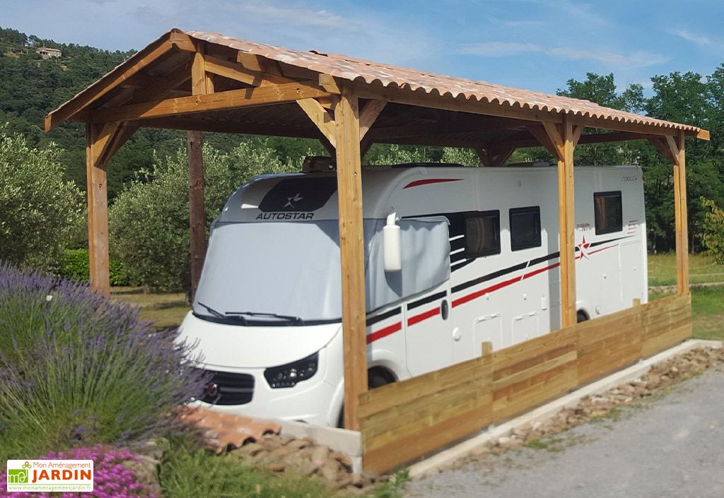 Carport en Bois pour Abri Camping-Car Adossé 4,5 x 7,0 m-Abris Jardin Azur