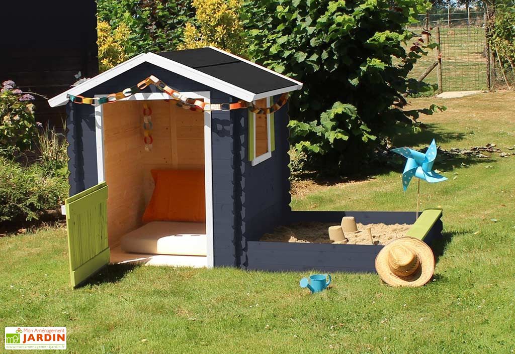 Cabane Maison d'Enfants en Bois Brut Amande + Bac à Sable – 1 x 2,5 cm -  Soulet