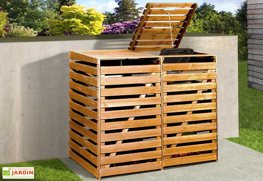 Cache-poubelle triple en acier et bois de pin traité 181 x 63 x 115 cm -  Hide