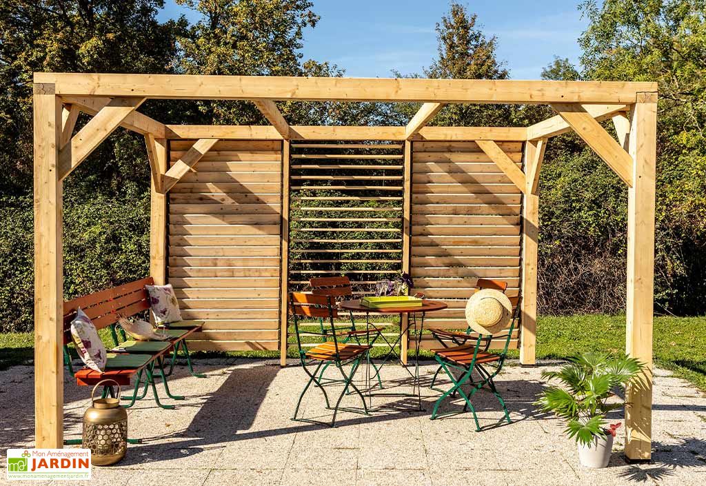 Pergola bioclimatique en bois Douglas 12,20 m² - Façade - Habrita