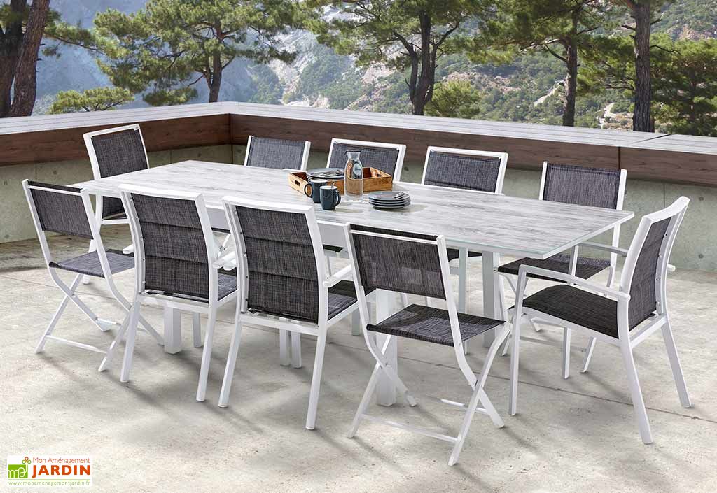 Table De Jardin Extensible Aluminium 135/270cm + 10 Fauteuils