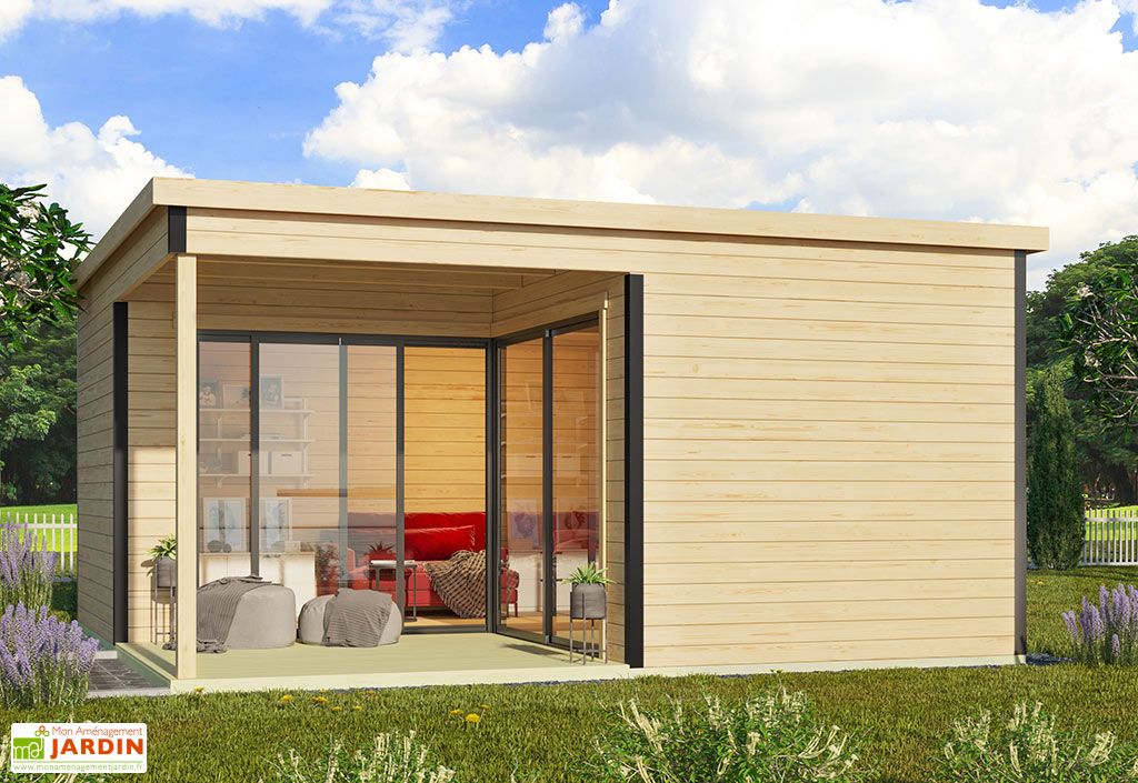 Studio de jardin en bois 25 m² ep. 44 mm – Doméo 6 Plus + terrasse - Lasita