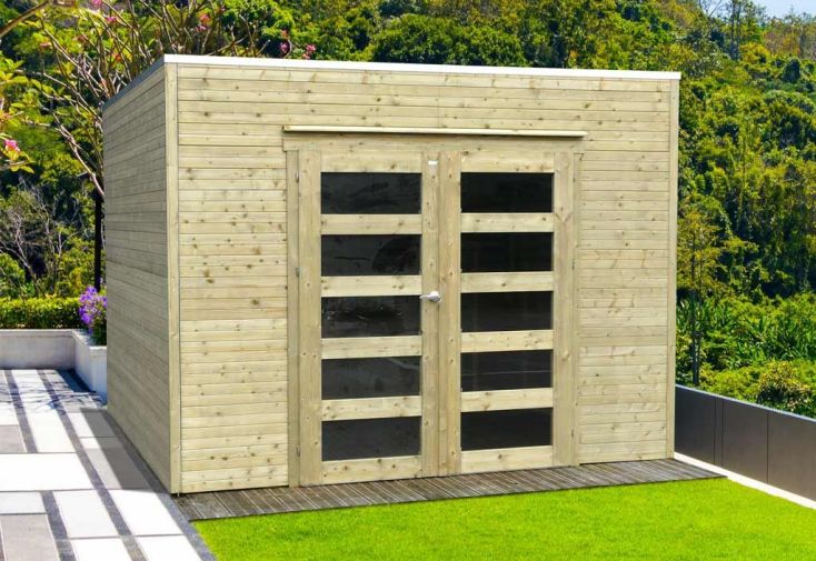 Abri de jardin avec extension bois brut 19mm toiture acier 15 m2
