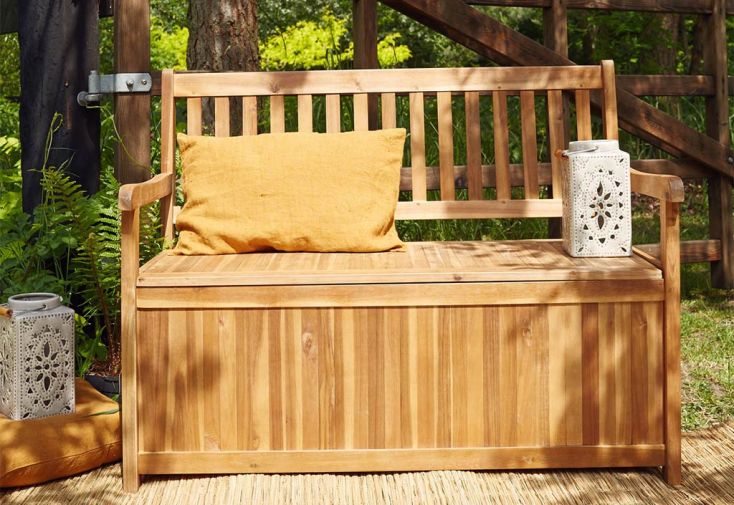 Banc de jardin meuble de patio d'extérieur terrasse de rangement avec  coussin 148 cm bois d'acacia solide 02_0011798