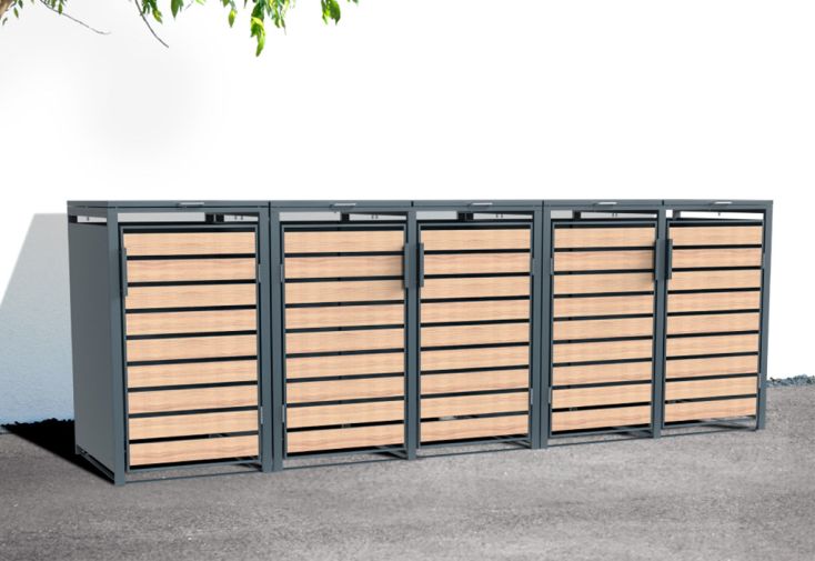 Cache-poubelle en acier effet bois - 80 x 332 x 116 cm (5 poubelles)