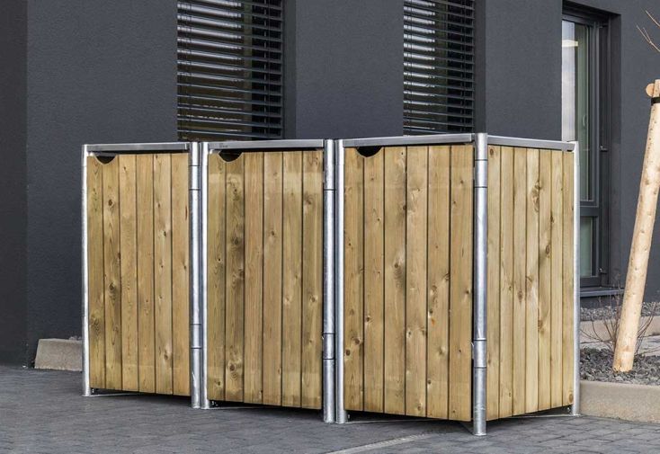 Cache-poubelle triple en acier et bois de pin traité 181 x 63 x 115 cm -  Hide