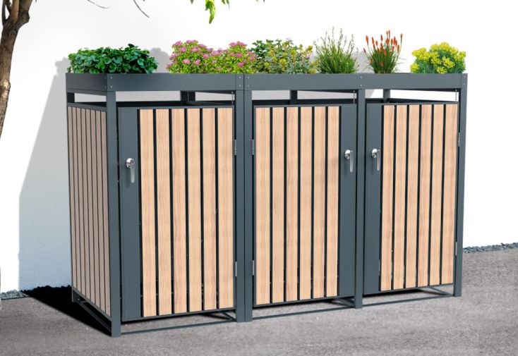 Cache-poubelle triple en acier effet bois Planta - 84 x 200 x 124 cm