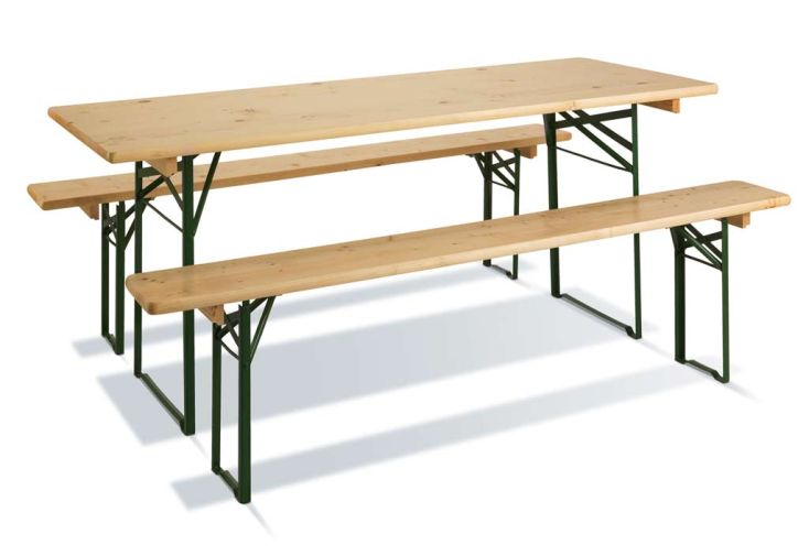 TABLE pliante, style brasserie en bois, avec bancs