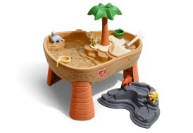 table d'activités jeux d'eau et de sable île préhistorique avec dinosaures